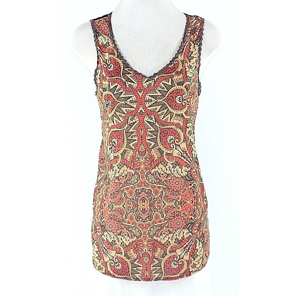Open Gates Size S Orange Black Multi Ric Rac Trim Back Rayon Spandex Top - Picture 2 of 6